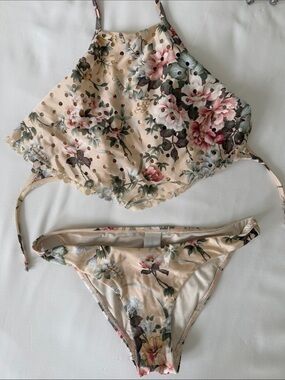 Zimmermann Floral High-Neck Bandeau Bikini Set in Cream, Pink and Green 0 XS
